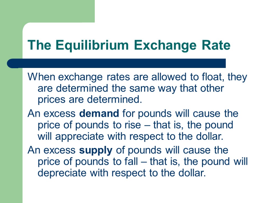 The Equilibrium Exchange Rate When exchange rates are allowed to float, they are determined